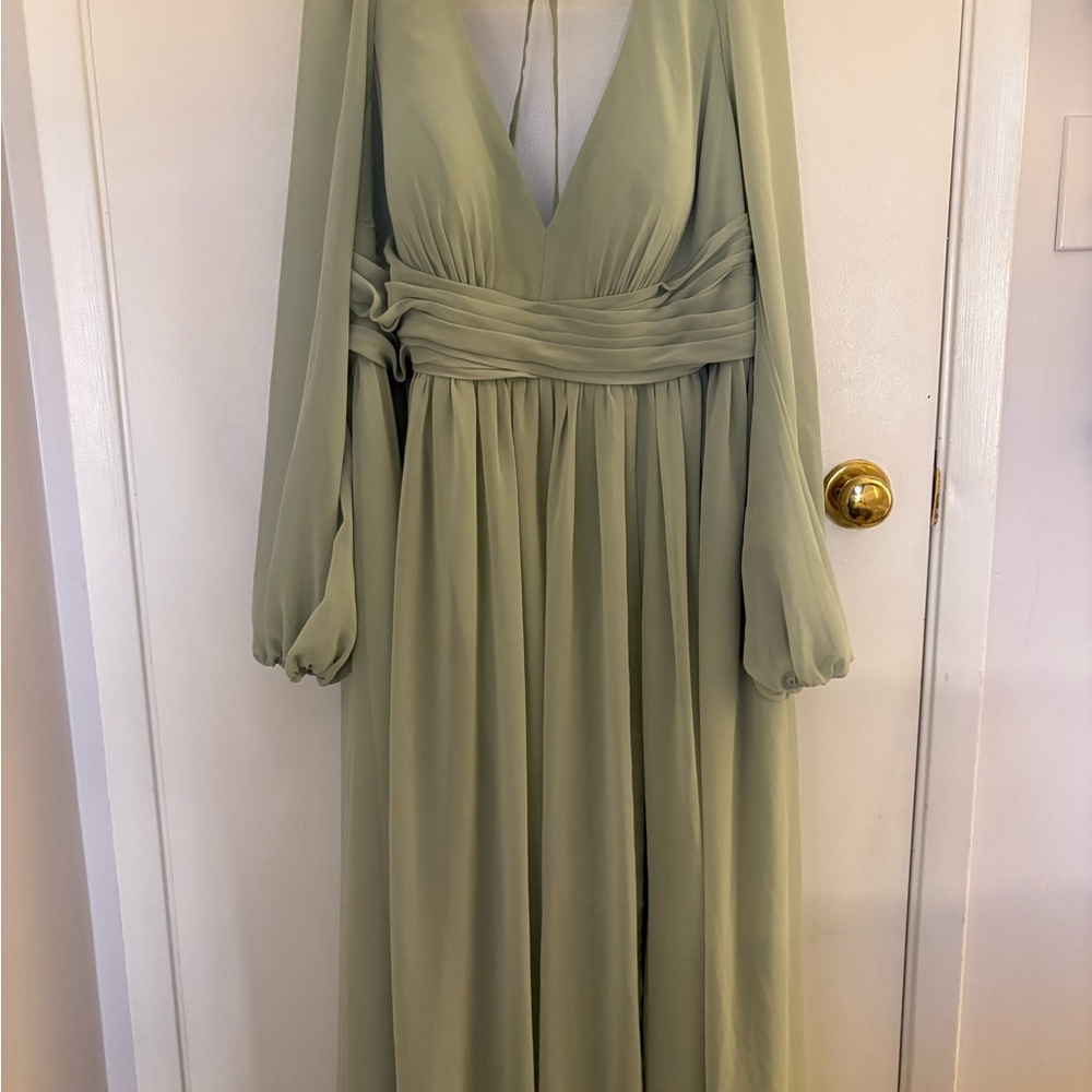 Azazie Green Gown with Long Bishop Sleeves and Plunge Neckline